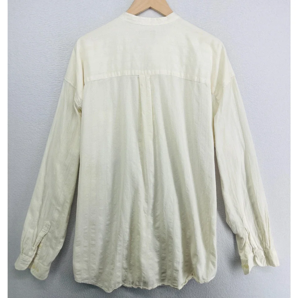 STRUCTURE Shirt Mens XL Cotton Dobby Striped Band Collar Button Up Off White VTG_4